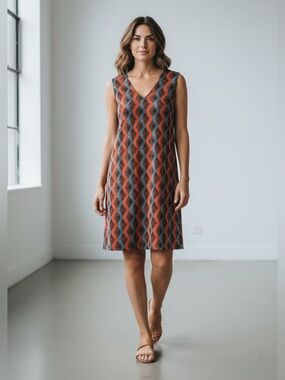 Halogen Orange and Teal Zigzag Geometric V-Neck Shift Dress